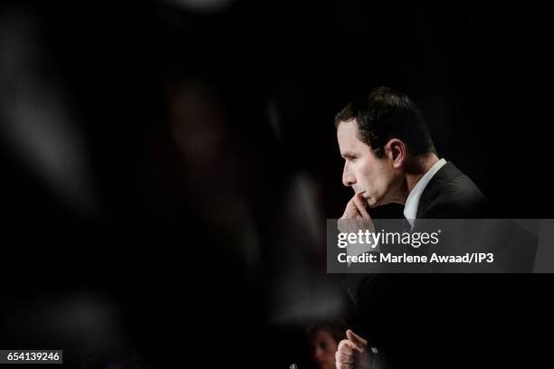 Candidate of the Socialist Party for the 2017 French Presidential Election Benoit Hamon holds a meeting to present his political program on March 16,...