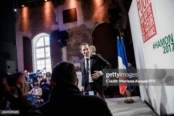 Candidate of the Socialist Party for the 2017 French Presidential Election Benoit Hamon holds a meeting to present his political program on March 16,...