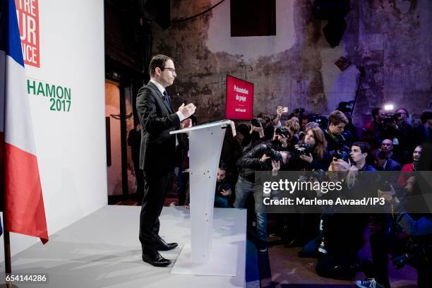 Candidate of the Socialist Party for the 2017 French Presidential Election Benoit Hamon holds a meeting to present his political program on March 16,...