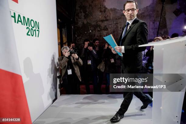 Candidate of the Socialist Party for the 2017 French Presidential Election Benoit Hamon holds a meeting to present his political program on March 16,...