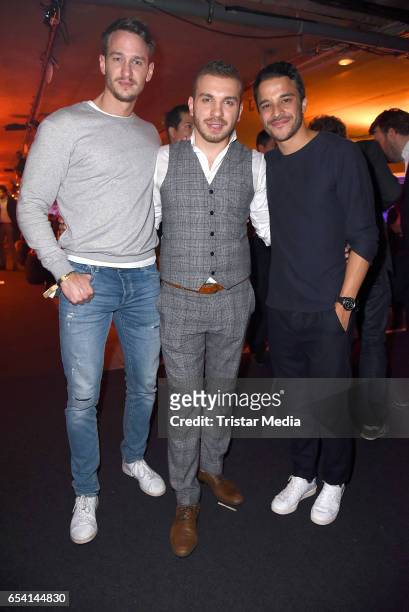 Vladimir Burlakov, Edin Hasanovic and Kostja Ullmann attend the After Party of the premiere of the Amazon series 'You are wanted' at CineStar on...