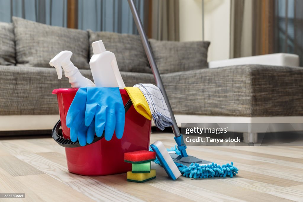 Reinigungs-Service. Schwämme, Chemikalien und Mop.