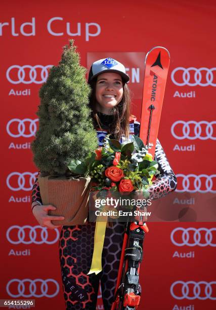 Tina Weirather of Liechtenstein poses with a blue spruce tree after winning ladies' Super-G race during the Audi FIS Ski World Cup Finals at Aspen...