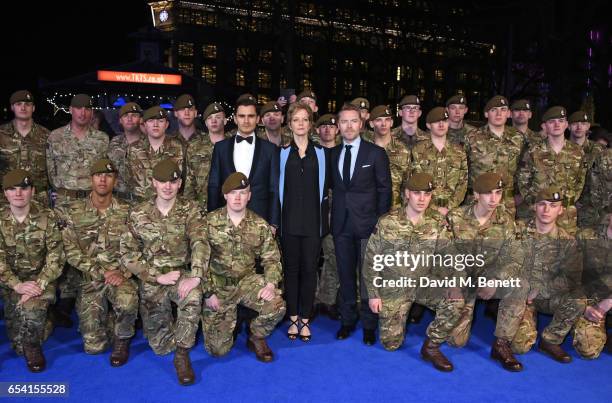 Julian Kostov, Jenny Seagrove and Ronan Keating pose with The Grenadier Guards and Scots Guards in support of the Armed Forces Fund at the World...