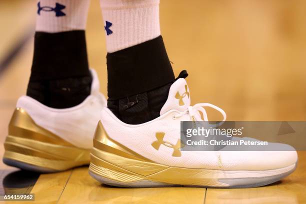 Detail view of the Under Armour shoes worn by Mike Daum of the South Dakota State Jackrabbits in the second half against the Gonzaga Bulldogs during...