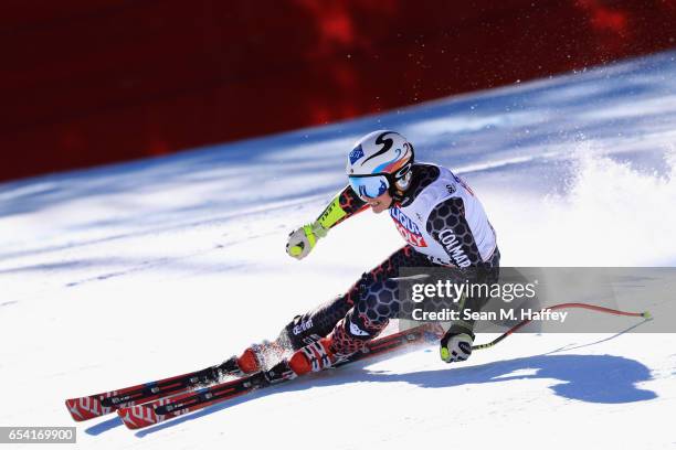 Tina Weirather of Lichtenstein competes in the ladies' Super-G for the 2017 Audi FIS Ski World Cup Final at Aspen Mountain on March 16, 2017 in...