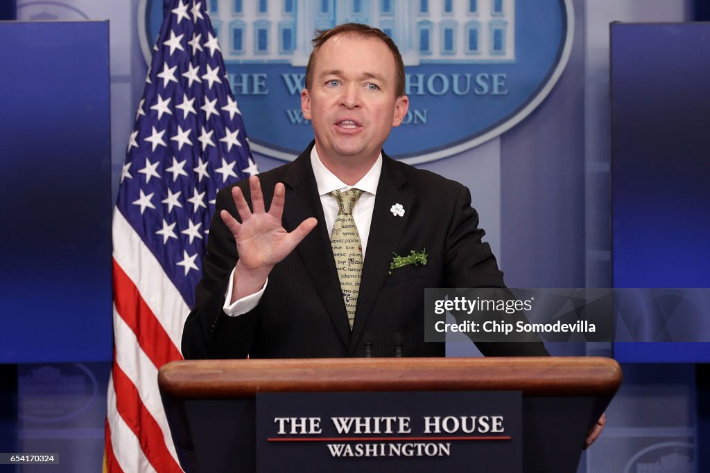 OMB Director Mick Mulvaney And White House Press Secretary Sean Spicer Brief The Media At The White House