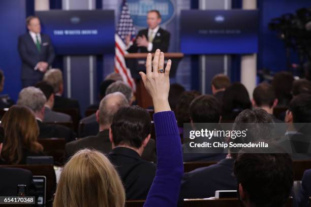 Office of Management and Budget Director Mick Mulvaney takes questions from reporters during a briefing in the Brady Press Briefing Room at the White...