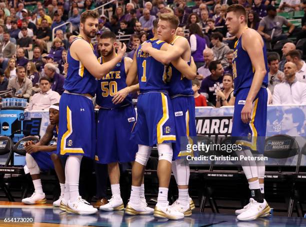 The South Dakota State Jackrabbits react late in the game against the Gonzaga Bulldogs during the first round of the 2017 NCAA Men's Basketball...
