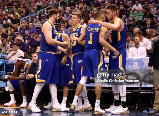 The South Dakota State Jackrabbits react late in the game against the Gonzaga Bulldogs during the first round of the 2017 NCAA Men's Basketball...