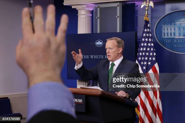 White House Press Secretary Sean Spicer answers reporters' questions in the Brady Press Briefing Room at the White House March 16, 2017 in...