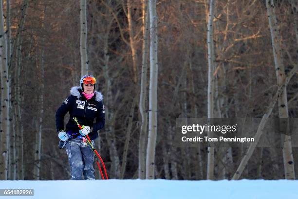 Lindsey Vonn of the United States inspects the course prior to the start of the ladies' Super-G during the Audi FIS Ski World Cup Finals at Aspen...