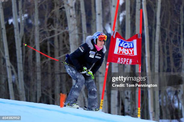 Lindsey Vonn of the United States inspects the course prior to the start of the ladies' Super-G during the Audi FIS Ski World Cup Finals at Aspen...