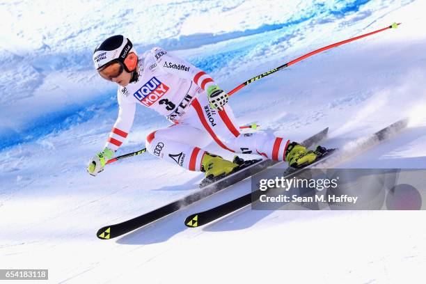 Nicole Schmidhofer of Austria competes in the ladies' Super-G for the 2017 Audi FIS Ski World Cup Final at Aspen Mountain on March 16, 2017 in Aspen,...