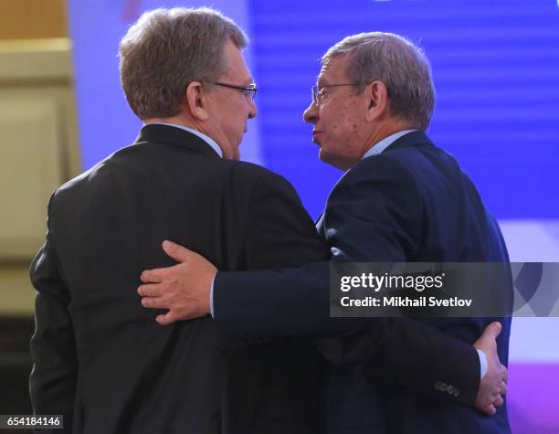 Russian economust Alexey Kudrin talks to billionaire Vladimir Yevtushenkov during the plenary session of the Congress of Russian Union of...