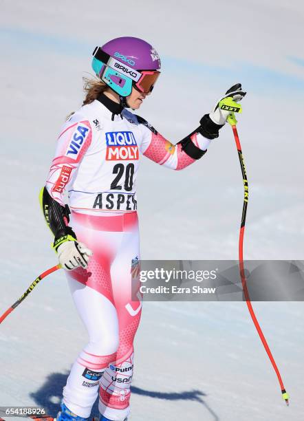 Laurenne Ross of the United States waves to the crowd after competing in the ladies' Super-G during the Audi FIS Ski World Cup Finals at Aspen...