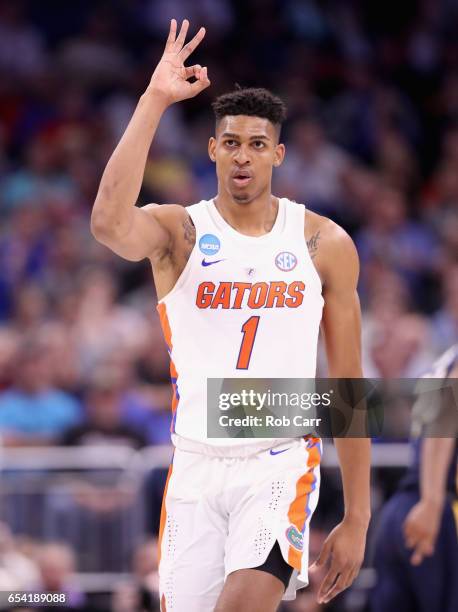 Devin Robinson of the Florida Gators reacts after a play against the East Tennessee State Buccaneers during the first round of the 2017 NCAA Men's...