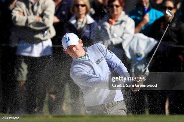 Brandt Snedeker of the United States plays a shot from a bunker on the 14th hole during the first round of the Arnold Palmer Invitational Presented...