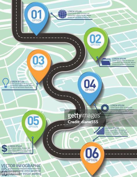 stockillustraties, clipart, cartoons en iconen met stijlvolle wegen tijdlijn infographic op een achtergrond van de kaart stad - road map