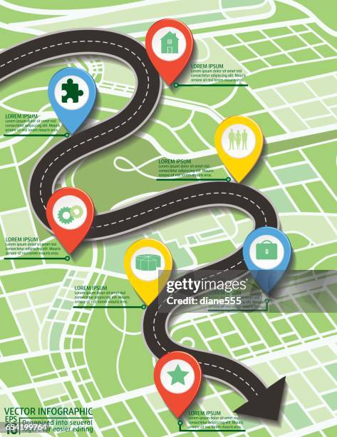 stylish roads timeline infographic on a city map background - cartographer stock illustrations