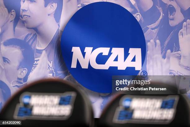 The NCAA logo is seen in the second half of the game between the Northwestern Wildcats and the Vanderbilt Commodores during the first round of the...