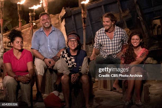 "The Stakes Have Been Raised" - Sandra Diaz-Twine, Jeff Varner, Aubry Bracco, Malcolm Freberg and Hali Ford at Tribal Council on SURVIVOR, when the...