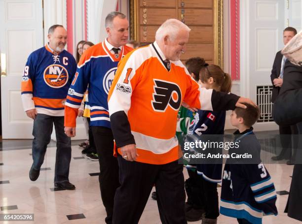 Hockey Hall of Famers Bernie Parent and Paul Coffey are welcomed to Rideau Hall during the Stanley Cup Homecoming as part of the Stanley Cups 125th...