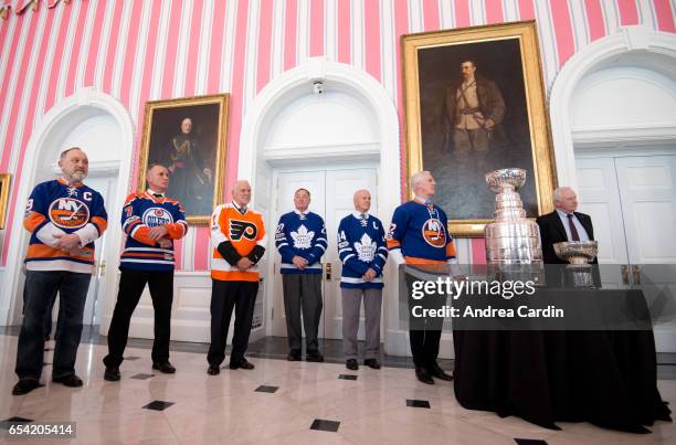 Hockey Hall of Famers Bryan Trottier, Paul Coffey, Bernie Parent, Frank Mahovlich, Dave Keon and Mike Bossy during the Stanley Cup Homecoming as part...