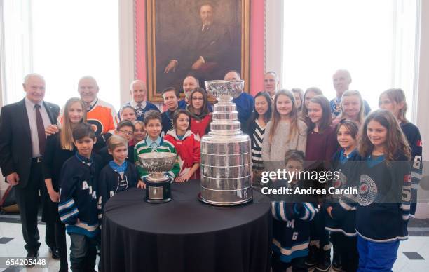 David Johnston, Governor General of Canada poses with Hockey Hall of Famers and Youth hockey players from the Ottawa and Gatineau region during the...