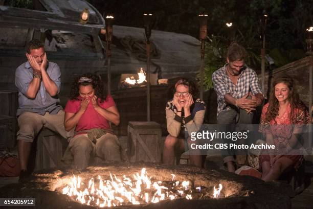 "The Stakes Have Been Raised" - Jeff Varner, Sandra Diaz-Twine, Aubry Bracco, Malcolm Freberg and Hali Ford at Tribal Council on SURVIVOR: Game...