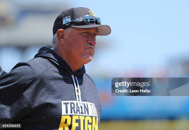 Manager Clint Hurdle of the Pittsburgh Pirates watches the action during the Spring Training Game against the Baltimore Orioles on March 15, 2017 at...