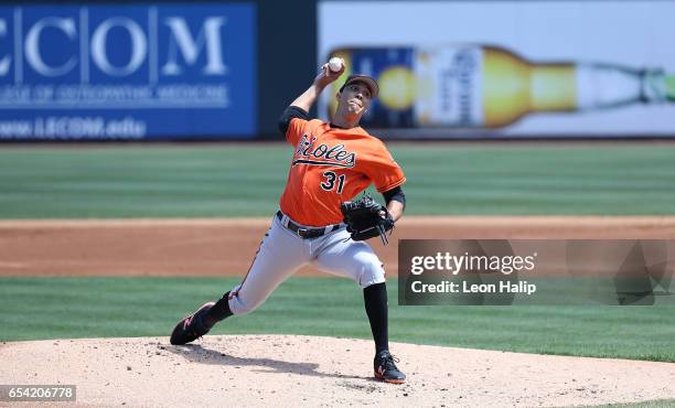 Ubaldo Jimenez of the Baltimore Orioles pitches during the first inning of the Spring Training Game against the Pittsburgh Pirates on March 15, 2017...