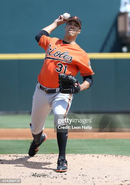 Ubaldo Jimenez of the Baltimore Orioles pitches during the first inning of the Spring Training Game against the Pittsburgh Pirates on March 15, 2017...