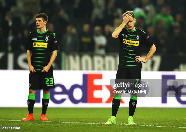 Max Meyer of Borussia Moenchengladbach is dejected after the UEFA Europa League Round of 16 second leg match between Borussia Moenchengladbach and FC...