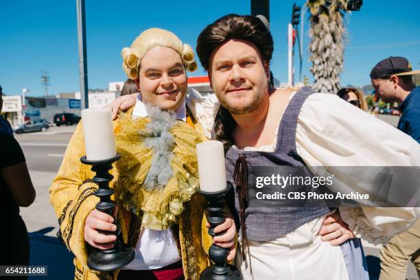 Dan Stevens, Luke Evans, and Josh Gad performs Crosswalk the Musical: Beauty and the Beast with James Corden during "The Late Late Show with James...