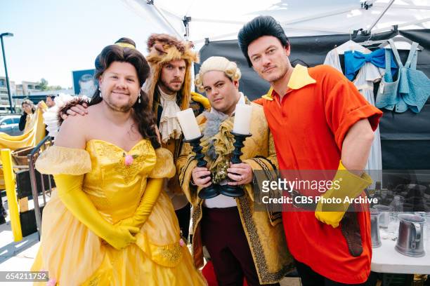 Dan Stevens, Luke Evans, and Josh Gad performs Crosswalk the Musical: Beauty and the Beast with James Corden during "The Late Late Show with James...