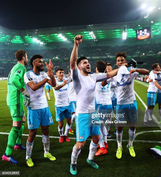 Sead Kolasinac of Schalke 04 celebrates after UEFA Europa League Round of 16 second leg match between Borussia Moenchengladbach and FC Schalke 04 at...