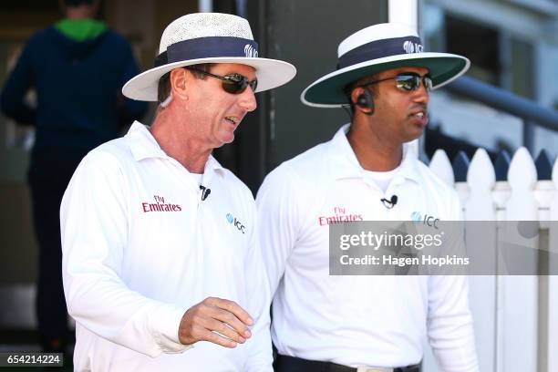 Umpires Rod Tucker of Australia and Kumar Dharmasena of Sri Lanka take the field during day two of the test match between New Zealand and South...