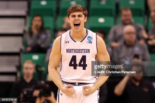 Gavin Skelly of the Northwestern Wildcats celebrates after a play late in the game against the Vanderbilt Commodores during the first round of the...