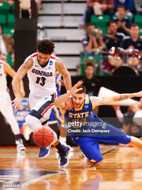 Josh Perkins of Gonzaga University and Michael Orris of South Dakota State fight for the ball during the first round of the 2017 NCAA Photos via...