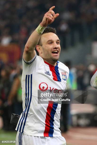 Mathieu Valbuena of Lyon celebrates the qualification following the UEFA Europa League Round of 16 second leg match between AS Roma and Olympique...