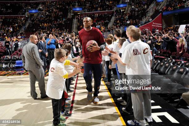 James Jones of the Cleveland Cavaliers gets introduced before the game against the Utah Jazz on March 16, 2017 at Quicken Loans Arena in Cleveland,...