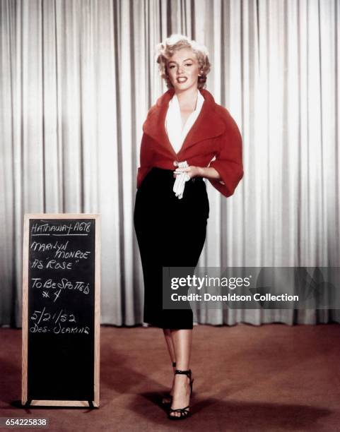 Actress Marilyn Monroe poses for a costume test for the 20th Century Fox film 'Niagara' on May 21, 1952 in Los Angeles, California.
