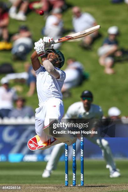 Temba Bavuma of South Africa bats during day two of the test match between New Zealand and South Africa at Basin Reserve on March 17, 2017 in...