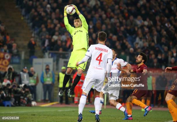 Goalkeeper of Lyon Anthony Lopes in action during the UEFA Europa League Round of 16 second leg match between AS Roma and Olympique Lyonnais at...