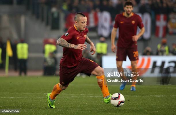 Radja Nainggolan of AS Roma in action during the UEFA Europa League Round of 16 second leg match between AS Roma and Olympique Lyonnais at Stadio...