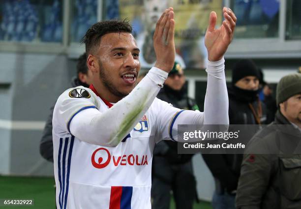 Corentin Tolisso of Lyon celebrates the qualification following the UEFA Europa League Round of 16 second leg match between AS Roma and Olympique...