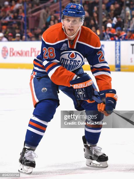 Lauri Korpikoski of the Edmonton Oilers play in the game against the Nashville Predators at Rexall Place on March 14, 2016 in Edmonton, Alberta,...