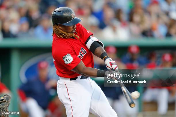Hanley Ramirez of the Boston Red Sox bats against the Pittsburgh Pirates during a spring training game at JetBlue Park on March 16, 2017 in Fort...