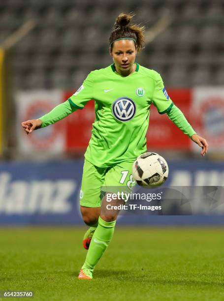 Vanessa Bernauer of Wolfsburg controls the ball during the Women's DFB Cup Quarter Final match between FC Bayern Muenchen and VfL Wolfsburg at the...